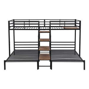 English Elm Metal Triple Bunk Bed Space-Saving Twin over Twin & Twin Design with Staircase Storage Shelves, Durable Metal Frame Black GX001115AAB