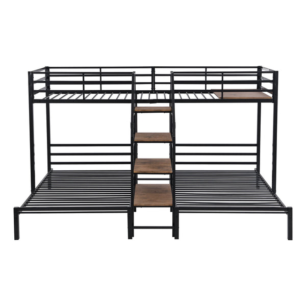 English Elm Metal Triple Bunk Bed Space-Saving Twin over Twin & Twin Design with Staircase Storage Shelves, Durable Metal Frame Black GX001115AAB