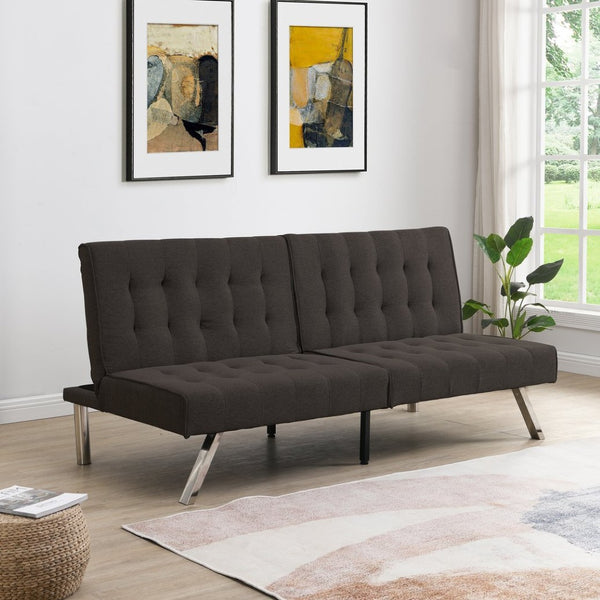 English Elm Wood Frame Futon Sofa Bed with Steel Legs Faux Linen Upholstery for Studio Living W21481810