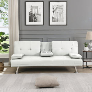 English Elm Sofa Bed Futon with Cup Holders Wood Frame Stainless Legs White Pvc Sleeper W214104918