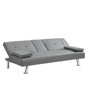 English Elm Sofa Futon Convertible with Cup Holders Wood Frame Stainless Legs Grey Pvc Upholstery W214104621