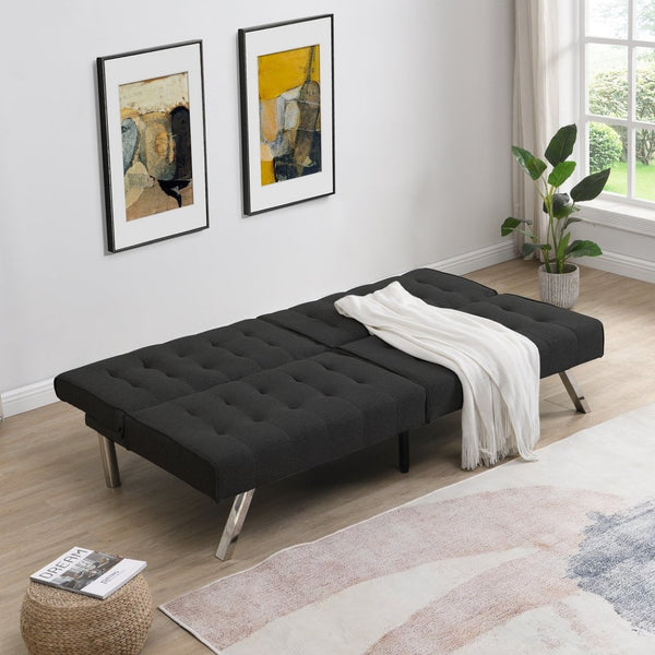 English Elm Wood Frame Futon Sofa Bed with Steel Legs Convertible Sleeper for Compact Living W21482229