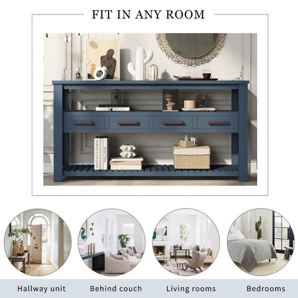English Elm U_style Slim Wood Console Table with 4 Drawers Open Shelves for Entryway or Living Room WF298909AAV