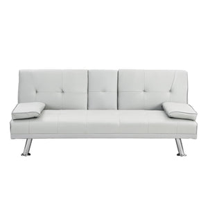 English Elm Sofa Bed Futon with Cup Holders Wood Frame Stainless Legs White Pvc Sleeper W214104918