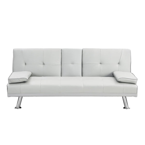 English Elm Sofa Bed Futon with Cup Holders Wood Frame Stainless Legs White Pvc Sleeper W214104918