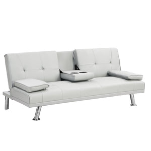 English Elm Sofa Bed Futon with Cup Holders Wood Frame Stainless Legs White Pvc Sleeper W214104918