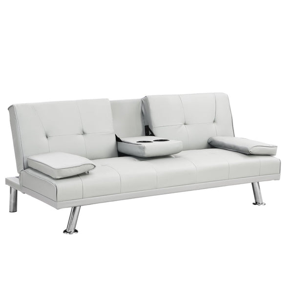 English Elm Sofa Bed Futon with Cup Holders Wood Frame Stainless Legs White Pvc Sleeper W214104918