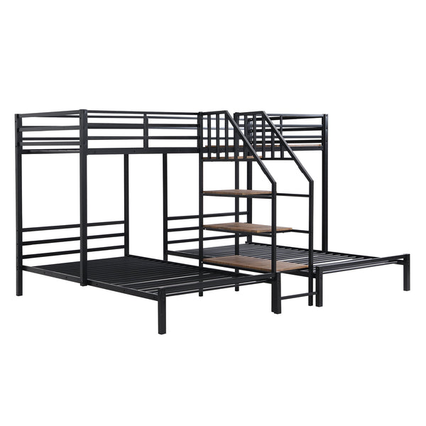 English Elm Metal Triple Bunk Bed Space-Saving Twin over Twin & Twin Design with Staircase Storage Shelves, Durable Metal Frame Black GX001115AAB