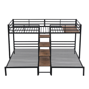 English Elm Metal Triple Bunk Bed Space-Saving Twin over Twin & Twin Design with Staircase Storage Shelves, Durable Metal Frame Black GX001115AAB