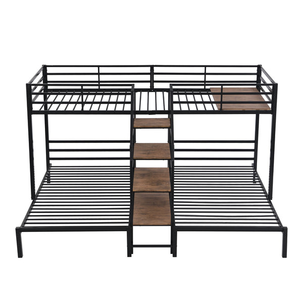 English Elm Metal Triple Bunk Bed Space-Saving Twin over Twin & Twin Design with Staircase Storage Shelves, Durable Metal Frame Black GX001115AAB