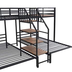 English Elm Metal Triple Bunk Bed Space-Saving Twin over Twin & Twin Design with Staircase Storage Shelves, Durable Metal Frame Black GX001115AAB
