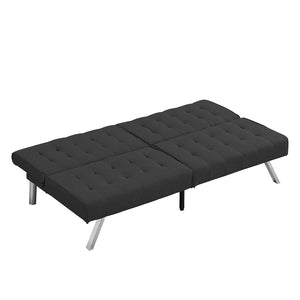 English Elm Wood Frame Futon Sofa Bed with Steel Legs Convertible Sleeper for Compact Living W21482229