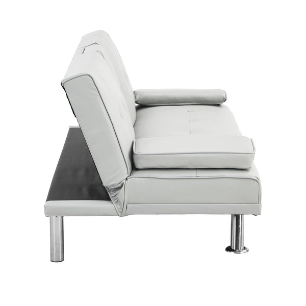 English Elm Sofa Bed Futon with Cup Holders Wood Frame Stainless Legs White Pvc Sleeper W214104918