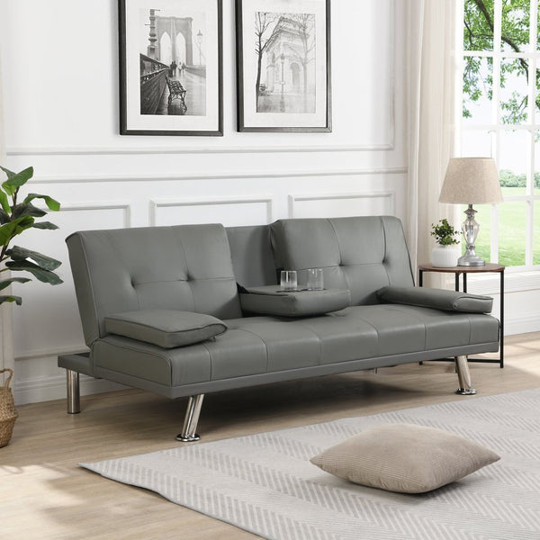 English Elm Sofa Futon Convertible with Cup Holders Wood Frame Stainless Legs Grey Pvc Upholstery W214104621