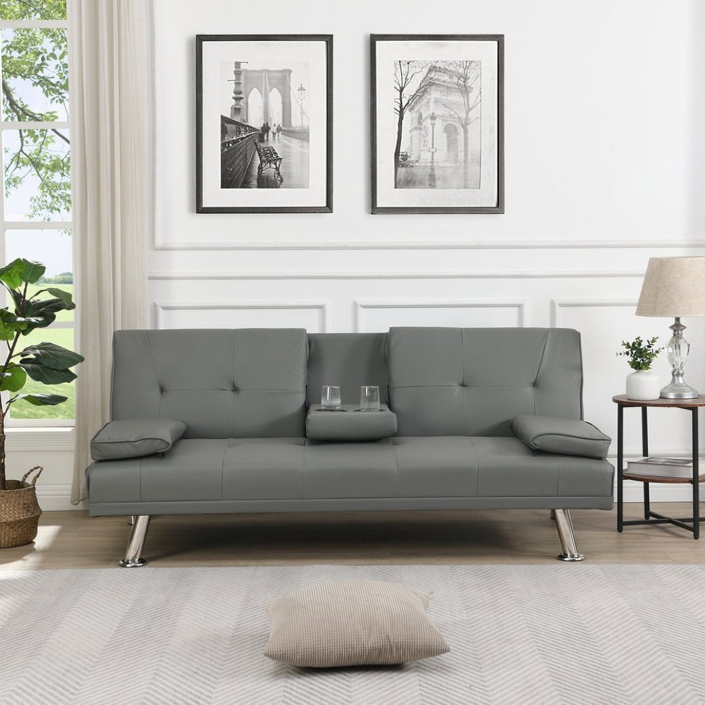 English Elm Sofa Futon Convertible with Cup Holders Wood Frame Stainless Legs Grey Pvc Upholstery W214104621
