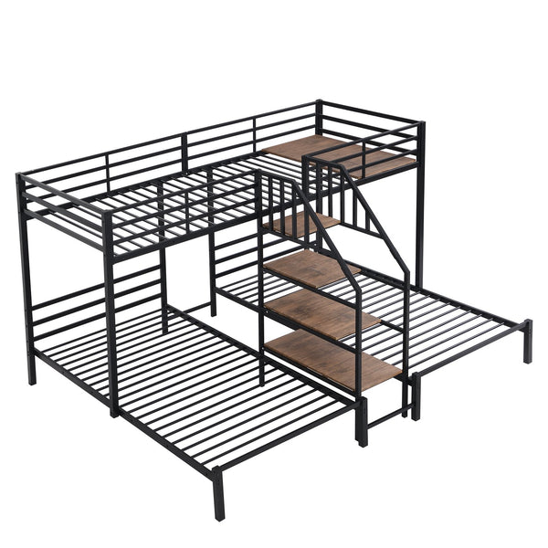 English Elm Metal Triple Bunk Bed Space-Saving Twin over Twin & Twin Design with Staircase Storage Shelves, Durable Metal Frame Black GX001115AAB