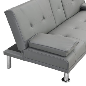 English Elm Sofa Futon Convertible with Cup Holders Wood Frame Stainless Legs Grey Pvc Upholstery W214104621