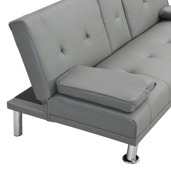English Elm Sofa Futon Convertible with Cup Holders Wood Frame Stainless Legs Grey Pvc Upholstery W214104621