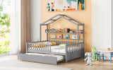 English Elm Wooden Full Size House Bed With Twin Size Trundle,Kids Bed With Shelf, Gray