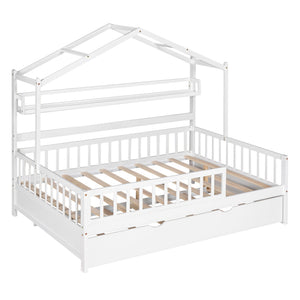 English Elm Wooden Full House Bed with Roof & Twin Trundle, Built-In Shelves, Pine Frame, White Child-Friendly Retreat WF301683AAK