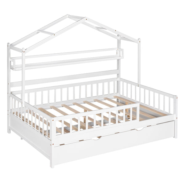 English Elm Wooden Full House Bed with Roof & Twin Trundle, Built-In Shelves, Pine Frame, White Child-Friendly Retreat WF301683AAK