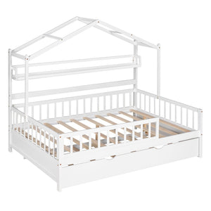 English Elm Wooden House Frame Twin Bed with Trundle and Shelf Pinewood Kids Bedroom N733S371268K