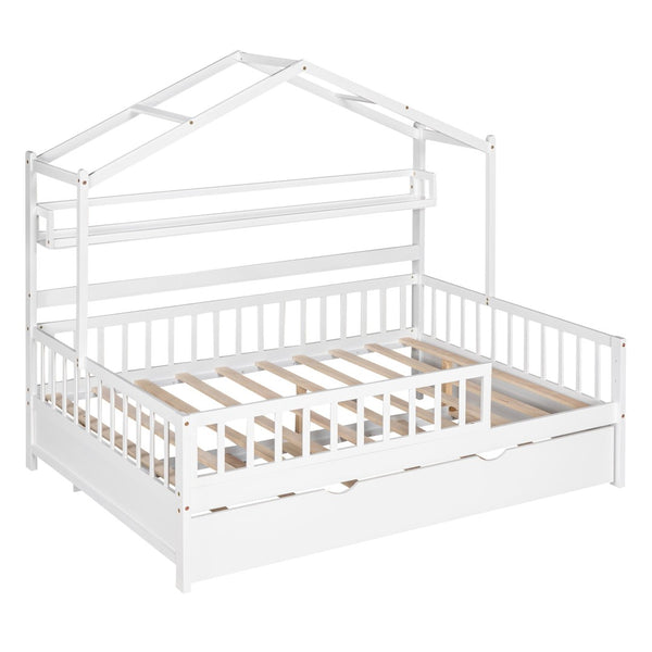 English Elm Wooden House Frame Twin Bed with Trundle and Shelf Pinewood Kids Bedroom N733S371268K