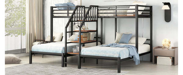 English Elm Metal Triple Bunk Bed Space-Saving Twin over Twin & Twin Design with Staircase Storage Shelves, Durable Metal Frame Black GX001115AAB