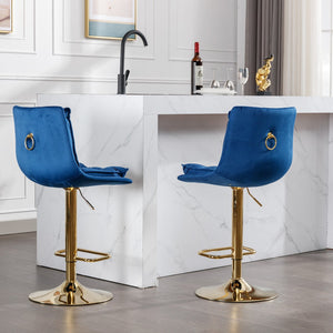 English Elm Set of 2 Velvet Swivel Bar Stools with Gold Legs, Chrome Footrest, Height Adjustable Modern Counter Chairs Blue W124983608