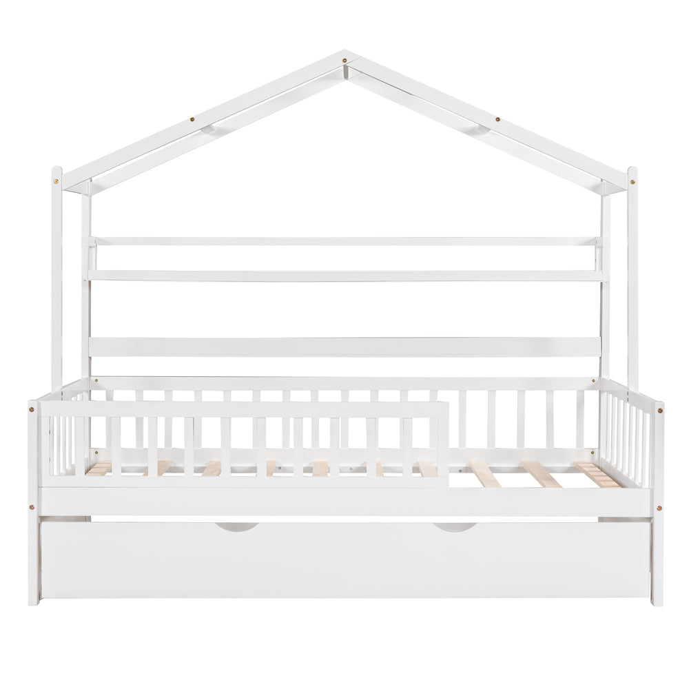 English Elm Wooden Twin House Bed with Trundle & Built-in Shelves, Roof Design, Sturdy Pine Frame, White WF301682AAK