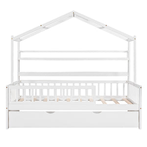 English Elm Wooden Twin House Bed with Trundle & Built-in Shelves, Roof Design, Sturdy Pine Frame, White WF301682AAK
