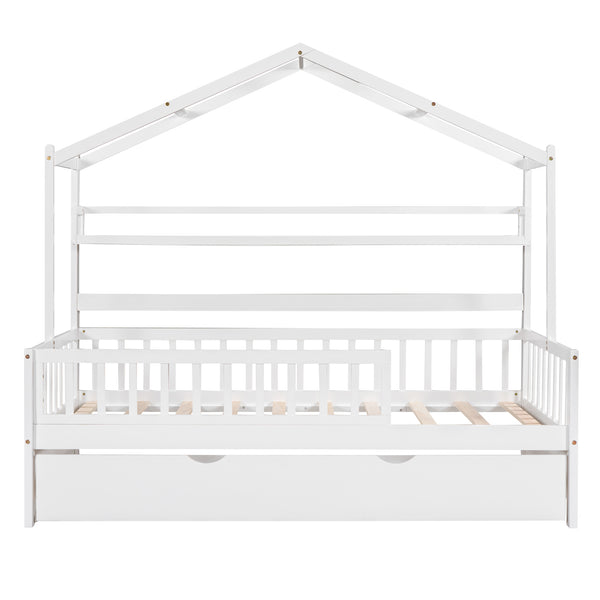 English Elm Wooden Twin House Bed with Trundle & Built-in Shelves, Roof Design, Sturdy Pine Frame, White WF301682AAK