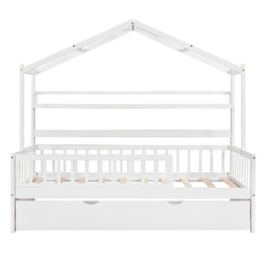English Elm Wooden House Frame Twin Bed with Trundle and Shelf Pinewood Kids Bedroom N733S371264K