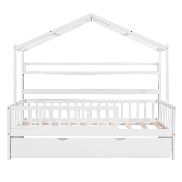 English Elm Wooden House Frame Twin Bed with Trundle and Shelf Pinewood Kids Bedroom N733S371264K