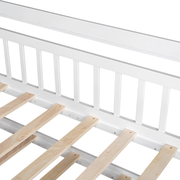 English Elm Wooden Twin House Bed with Trundle & Built-in Shelves, Roof Design, Sturdy Pine Frame, White WF301682AAK