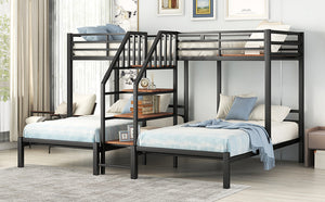 English Elm Metal Triple Bunk Bed Space-Saving Twin over Twin & Twin Design with Staircase Storage Shelves, Durable Metal Frame Black GX001115AAB