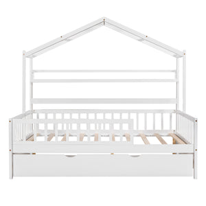 English Elm Wooden Full House Bed with Roof & Twin Trundle, Built-In Shelves, Pine Frame, White Child-Friendly Retreat WF301683AAK