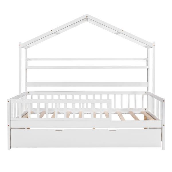 English Elm Wooden Full House Bed with Roof & Twin Trundle, Built-In Shelves, Pine Frame, White Child-Friendly Retreat WF301683AAK