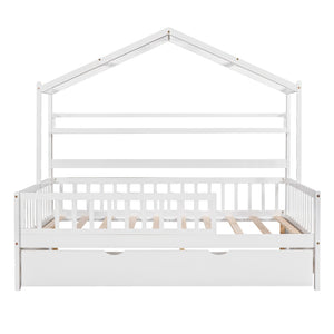 English Elm Wooden House Frame Twin Bed with Trundle and Shelf Pinewood Kids Bedroom N733S371268K