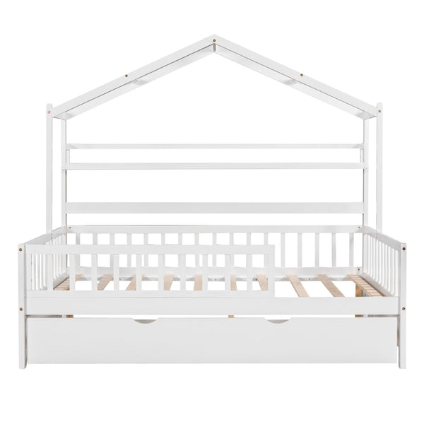 English Elm Wooden House Frame Twin Bed with Trundle and Shelf Pinewood Kids Bedroom N733S371268K