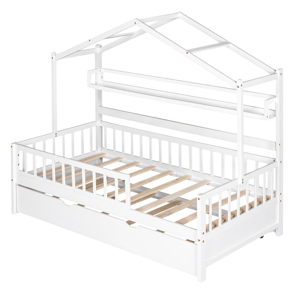 English Elm Wooden House Frame Twin Bed with Trundle and Shelf Pinewood Kids Bedroom N733S371264K
