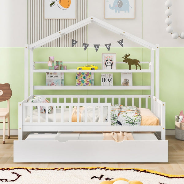 English Elm Wooden House Frame Twin Bed with Trundle and Shelf Pinewood Kids Bedroom N733S371264K