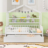 Hearth and Haven Wooden Twin Size House Bed with Trundle, Kids Bed with Shelf WF301682AAK