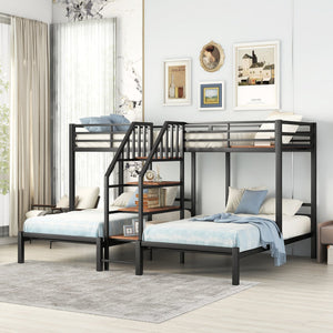 English Elm Metal Triple Bunk Bed Space-Saving Twin over Twin & Twin Design with Staircase Storage Shelves, Durable Metal Frame Black GX001115AAB