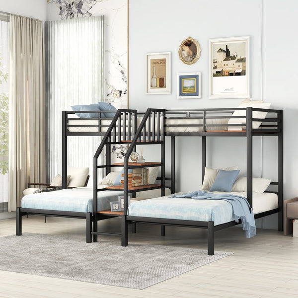 English Elm Metal Triple Bunk Bed Space-Saving Twin over Twin & Twin Design with Staircase Storage Shelves, Durable Metal Frame Black GX001115AAB