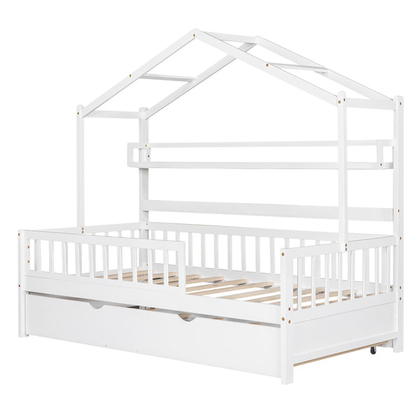 English Elm Wooden Twin House Bed with Trundle & Built-in Shelves, Roof Design, Sturdy Pine Frame, White WF301682AAK