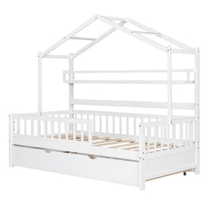 English Elm Wooden House Frame Twin Bed with Trundle and Shelf Pinewood Kids Bedroom N733S371264K