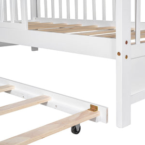 English Elm Wooden House Frame Twin Bed with Trundle and Shelf Pinewood Kids Bedroom N733S371264K
