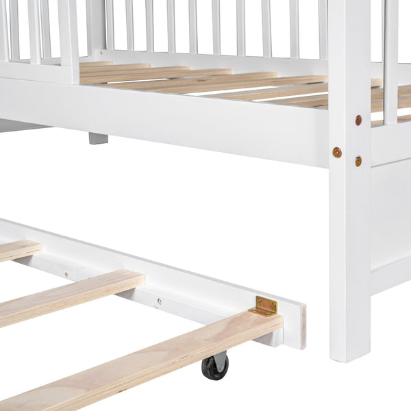 English Elm Wooden House Frame Twin Bed with Trundle and Shelf Pinewood Kids Bedroom N733S371264K