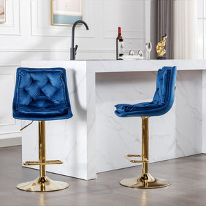 English Elm Set of 2 Velvet Swivel Bar Stools with Gold Legs, Chrome Footrest, Height Adjustable Modern Counter Chairs Blue W124983608